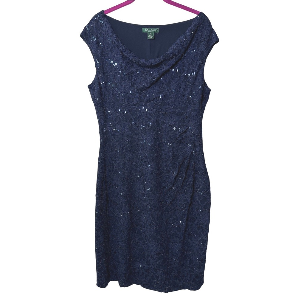 Lauren Ralph Lauren Womens Sequin Floral Lace Cowl Neck Cocktail Dress 14‎ Navy